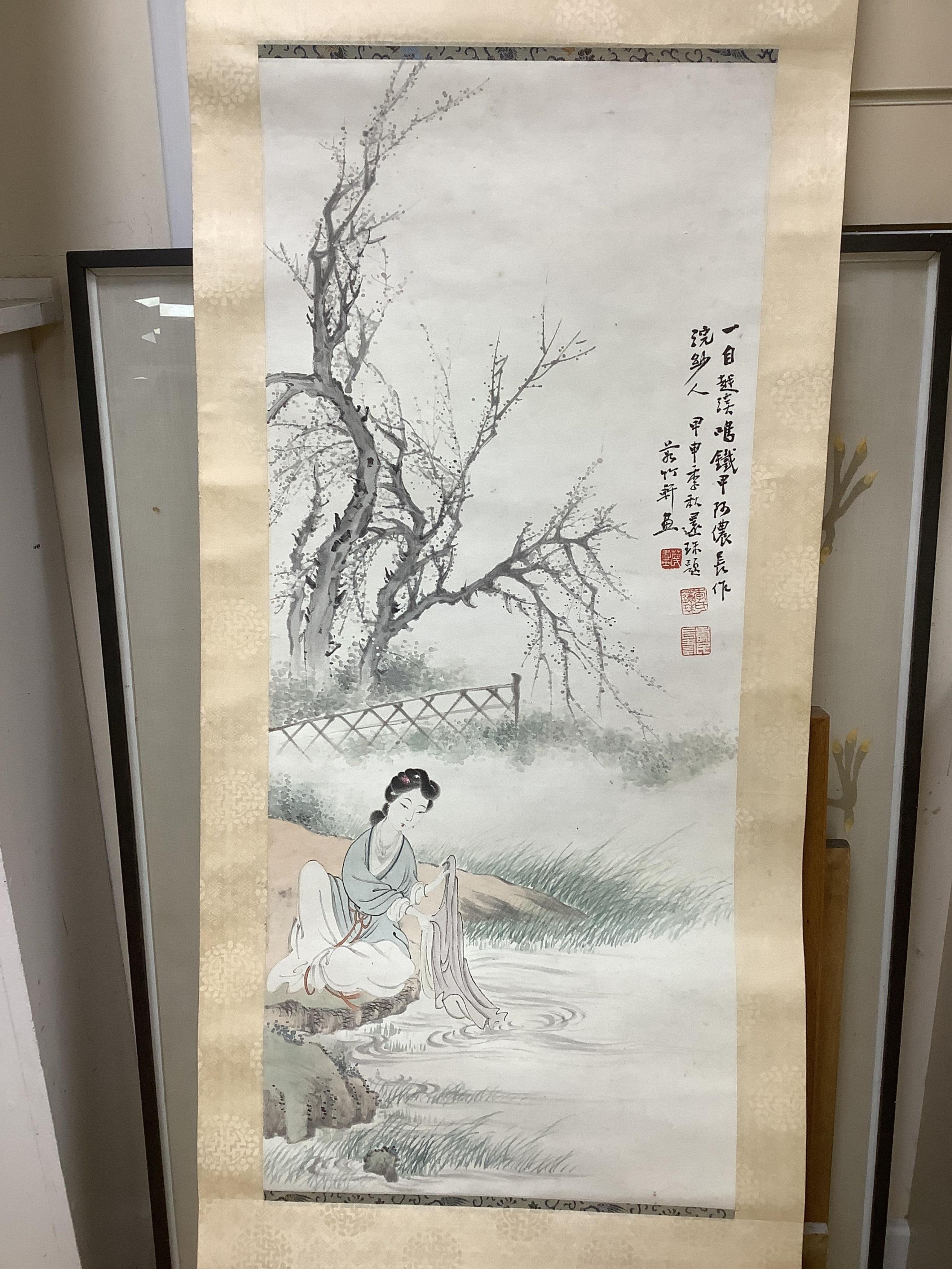 A set of four Chinese scroll paintings of ladies before landscapes, 48cm wide. Condition - fair